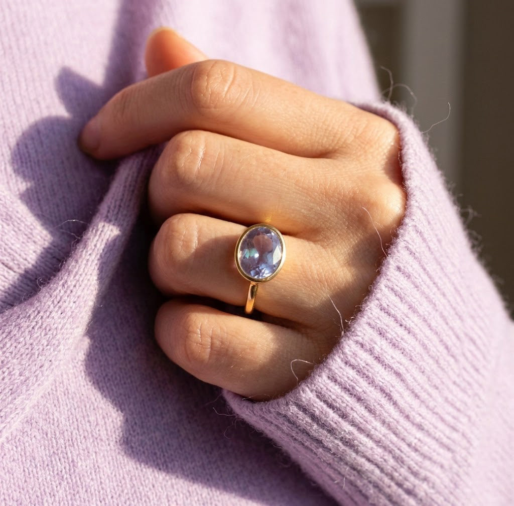 Oval alexandrite ring on hand, June birthstone bezel set gold vermeil ring, dainty minimalist everyday jewelry for her
