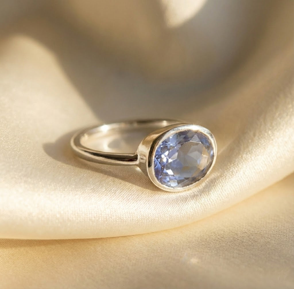 Minimalist alexandrite sterling silver ring June birthstone oval cabochon style bezel setting in gold vermeil