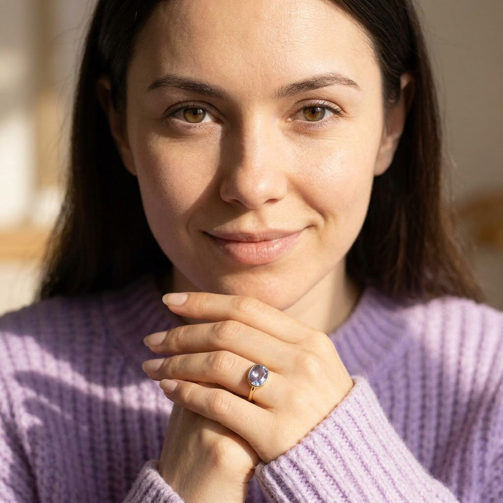 June birthstone alexandrite ring worn by model, oval bezel set gemstone ring in gold vermeil, modern stacking ring