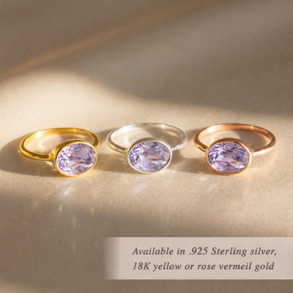 Oval alexandrite bezel set ring available in sterling silver, 18K yellow gold vermeil and rose gold vermeil, June birthstone jewelry