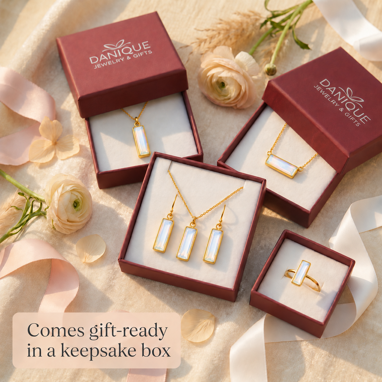 Personalized Opalite bar necklace and matching jewelry displayed in Danique Jewelry signature gift-ready packaging.
