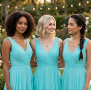 Bridesmaids wearing aqua dresses with matching amazonite gemstone necklaces.