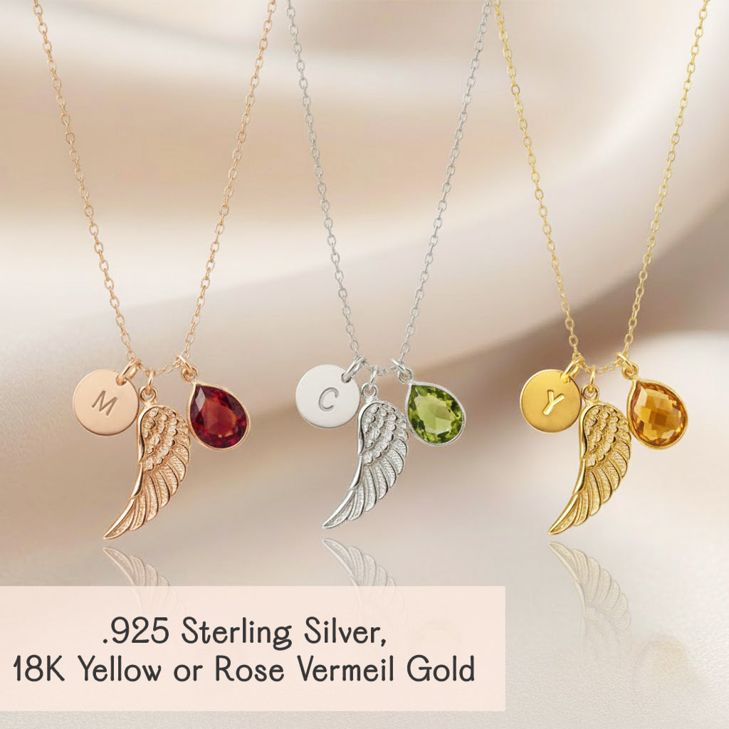 Angel wing memorial necklace with personalized initial charm and birthstone teardrop, handcrafted in 925 sterling silver or 18K gold vermeil. Meaningful remembrance jewelry and sympathy gift honoring the loss of a loved one.