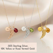 Angel wing memorial necklace with personalized initial charm and birthstone teardrop, handcrafted in 925 sterling silver or 18K gold vermeil. Meaningful remembrance jewelry and sympathy gift honoring the loss of a loved one.