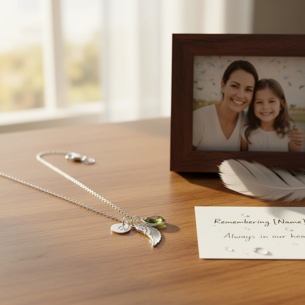 Personalized guardian angel necklace—wing charm, initial letter disc, and faceted citrine teardrop—comfort gift honoring a loved one’s memory.