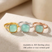 Cushion cut aqua chalcedony ring available in sterling silver, 18k gold vermeil and rose gold, square 9mm pastel blue green gemstone, bezel set minimalist birthstone ring, March birthstone jewelry for women, modern stacking gemstone ring, dainty everyday gold chalcedony ring, handcrafted artisan fine jewelry, elegant statement ring for her