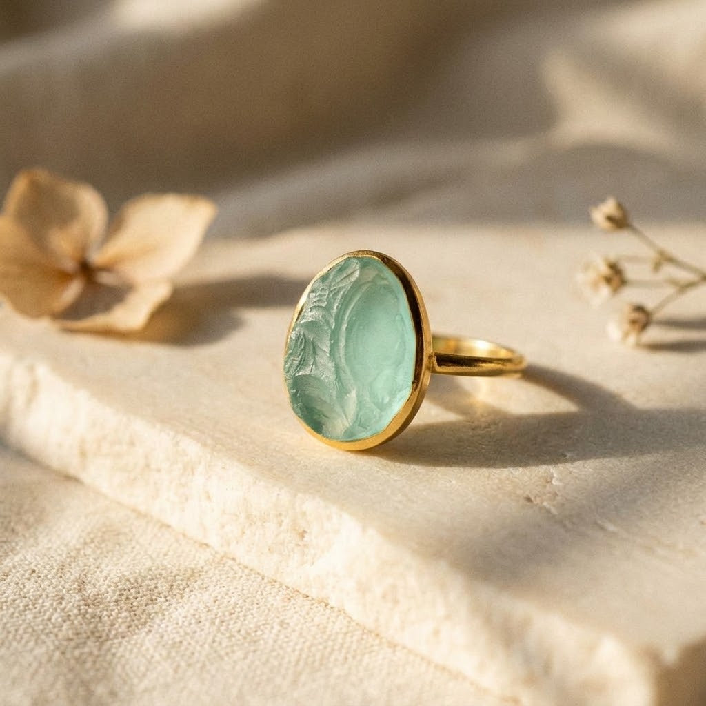 Rough Cut Aqua Chalcedony Teardrop Ring, March Birthstone