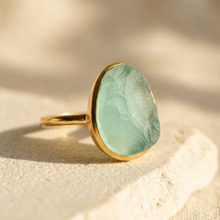 Large rough cut aqua chalcedony teardrop ring in yellow gold vermeil, March birthstone statement ring.

