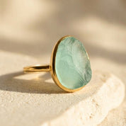 Large rough cut aqua chalcedony teardrop ring in yellow gold vermeil, March birthstone statement ring.


