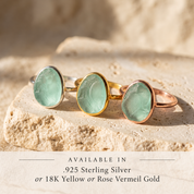 Aqua chalcedony rings shown in sterling silver, yellow gold vermeil and rose gold