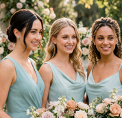 Bridesmaids wearing aqua dresses and matching aqua chalcedony triangle stud earrings for wedding party jewelry.