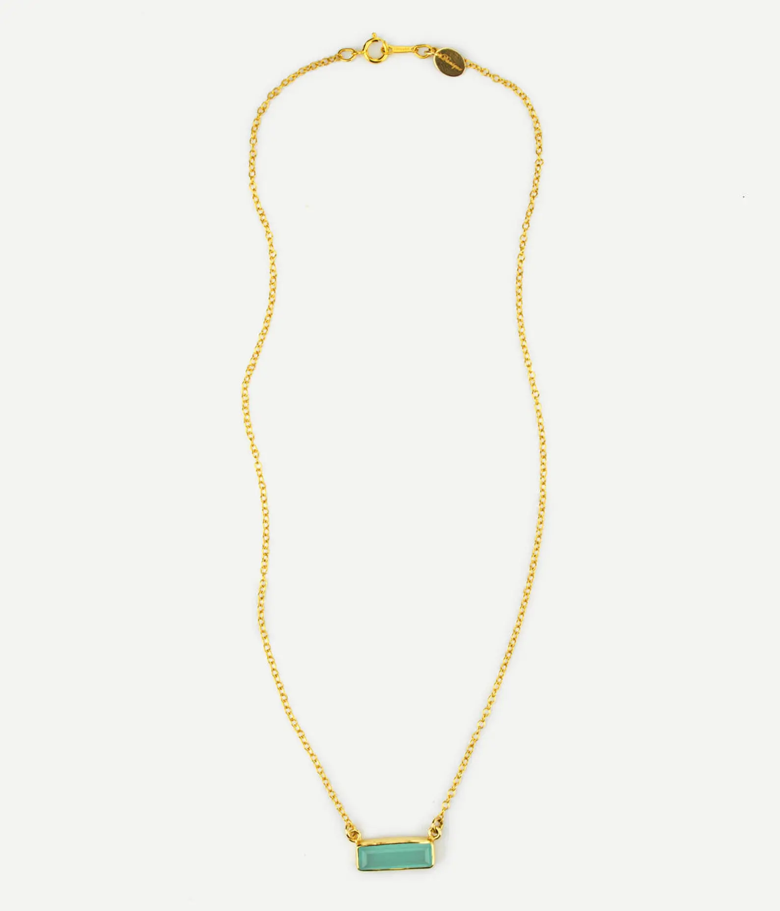 Single gold filled horizontal aqua chalcedony birthstone for march adira bar necklace on white background