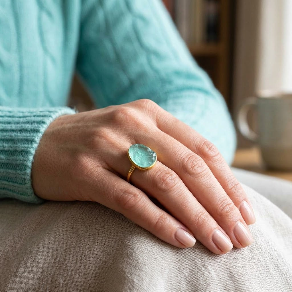 Aqua chalcedony statement ring worn on the hand with a large blue green teardrop gemstone.
