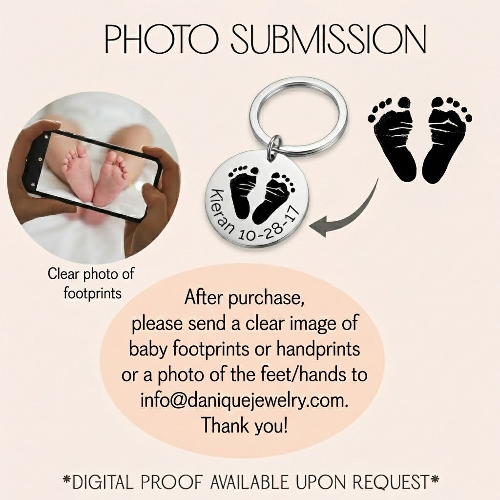 Photo submission instructions for a personalized baby footprint keychain, explaining how customers can send a clear baby footprint photo to create custom engraved jewelry. This actual baby footprint keychain is crafted from stainless steel and engraved with care, making it a sentimental keepsake gift for moms, grandmas, or anyone celebrating a new baby.