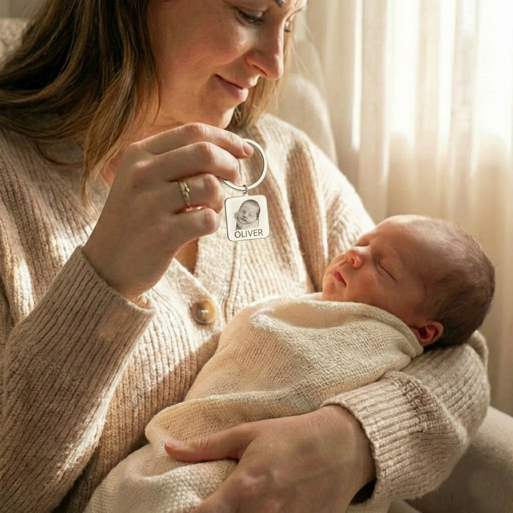 Lifestyle image of a mother holding a personalized baby photo keychain beside her newborn, capturing an emotional moment. This engraved baby picture keychain is created from a real baby photograph and crafted as a heartfelt keepsake gift for new moms. Ideal for celebrating birth, motherhood, or preserving a baby’s earliest memories.
