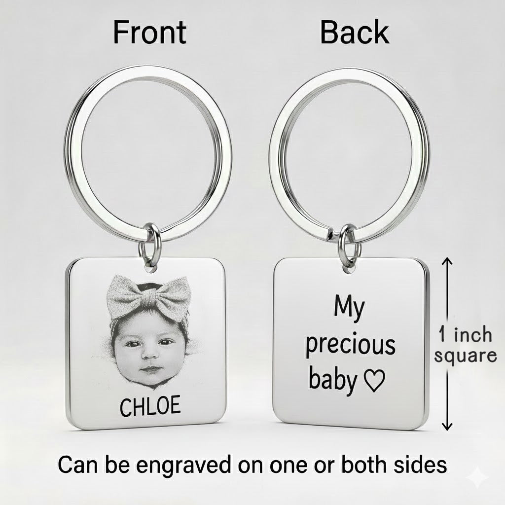 Front and back view of a personalized baby photo keychain showing engraving options on one or both sides. This custom baby picture keychain allows customers to include a baby portrait on one side and text or name on the other. A versatile engraved photo keychain designed for new mom keepsakes, memorial gifts, or meaningful family jewelry.
