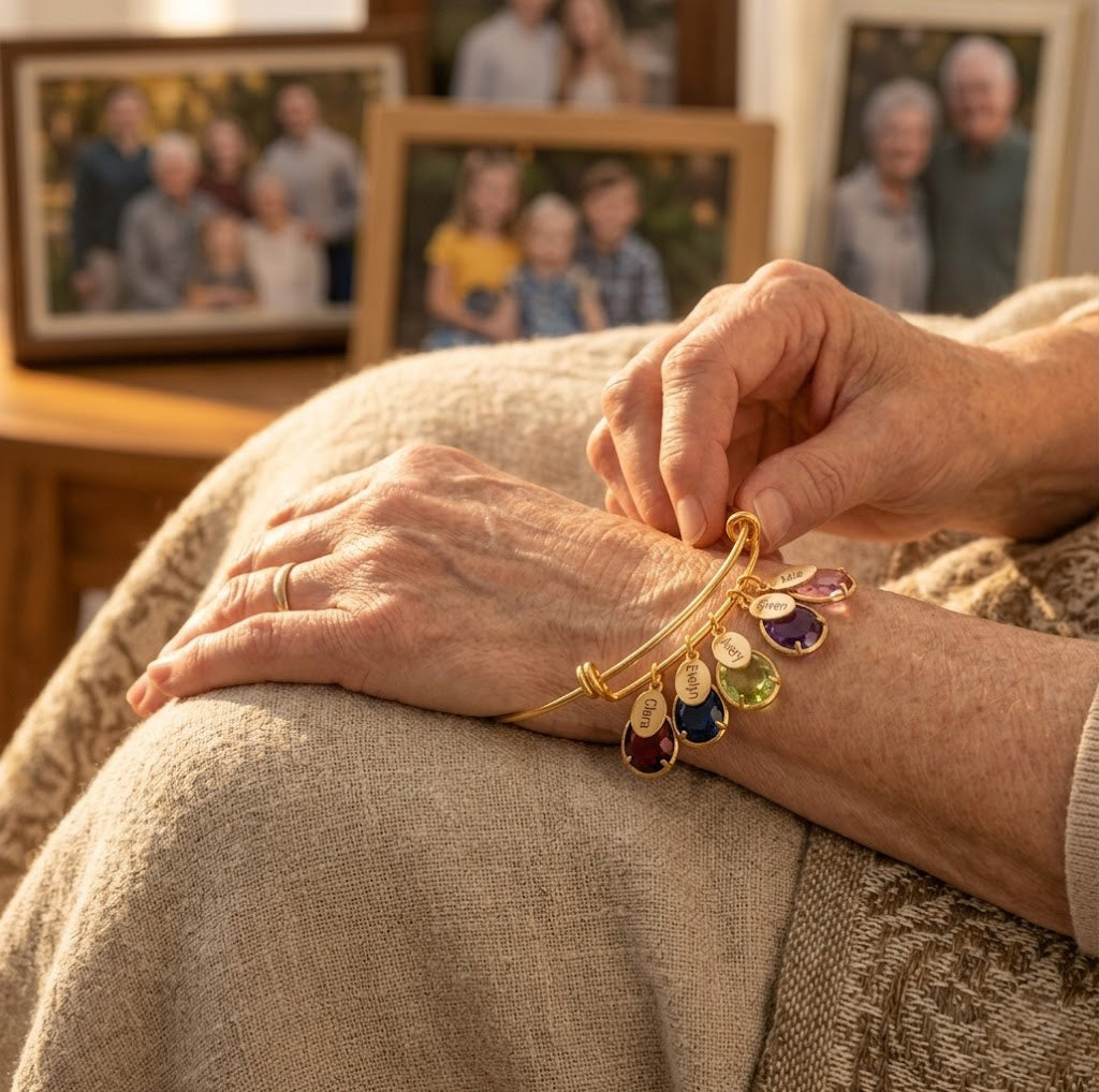 Grandma birthstone bangle with custom name charms in gold