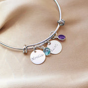 Round Birthstone Mother's Bangle with Engraved Disk Name Charms