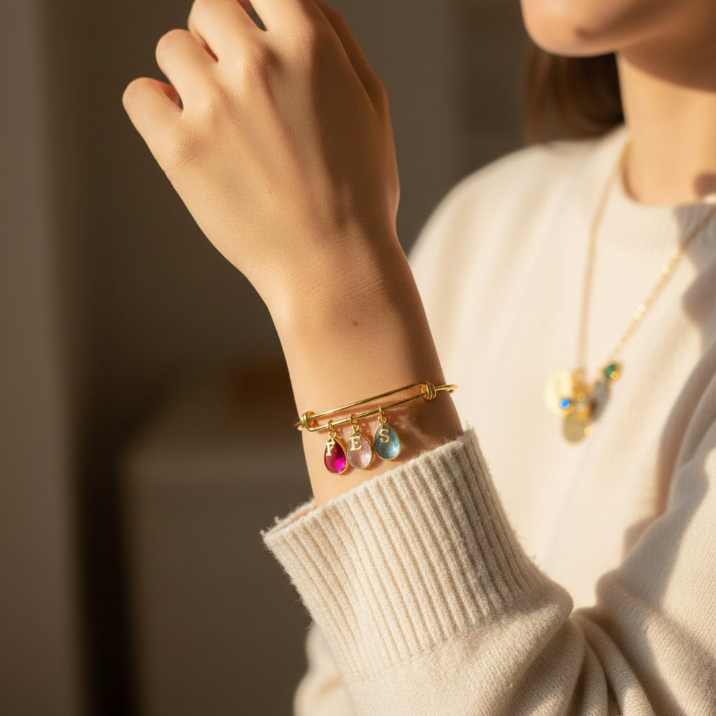 initial birthstone bangle bracelet for grandma script letters personalized with birthstones charms representing children grandchildren gold filled or sterling silver family jewelry gift mothers day birthday Christmas