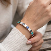 Boho Mosaic Squares Bangle Bracelet, Multicolor Geometric Statement Bracelet in Silver or Rose Gold