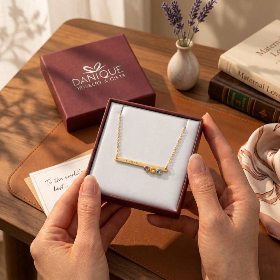 Danique Jewelry gift box with personalized birthstone bar necklace packaged for gifting