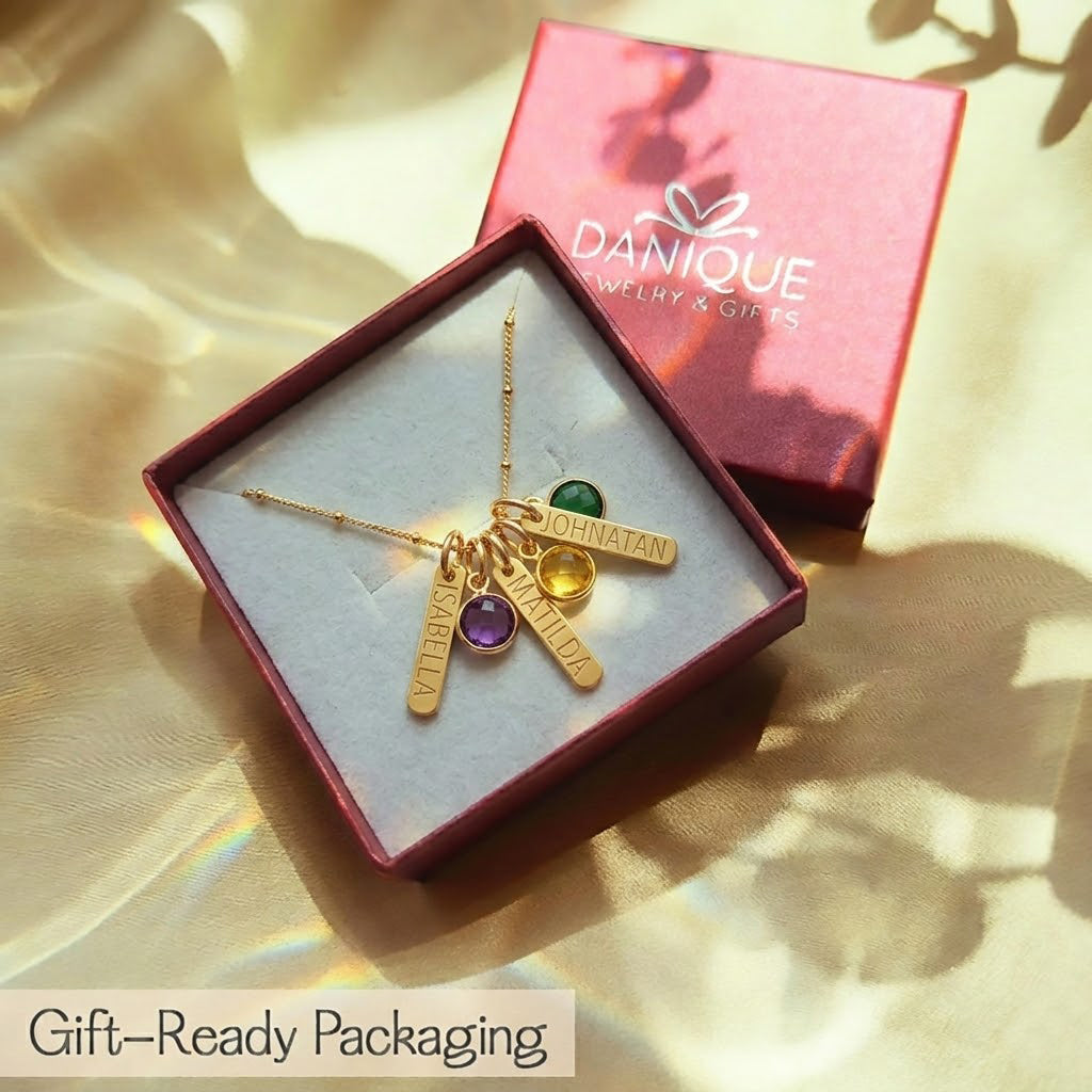 Gift ready packaging for custom engraved birthstone necklace for mom, personalized family jewelry boxed for gifting
