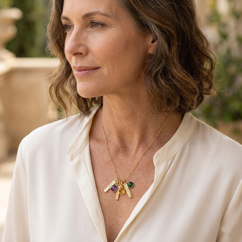 Woman wearing personalized mom birthstone necklace with engraved bars, dainty custom family necklace gift for mother