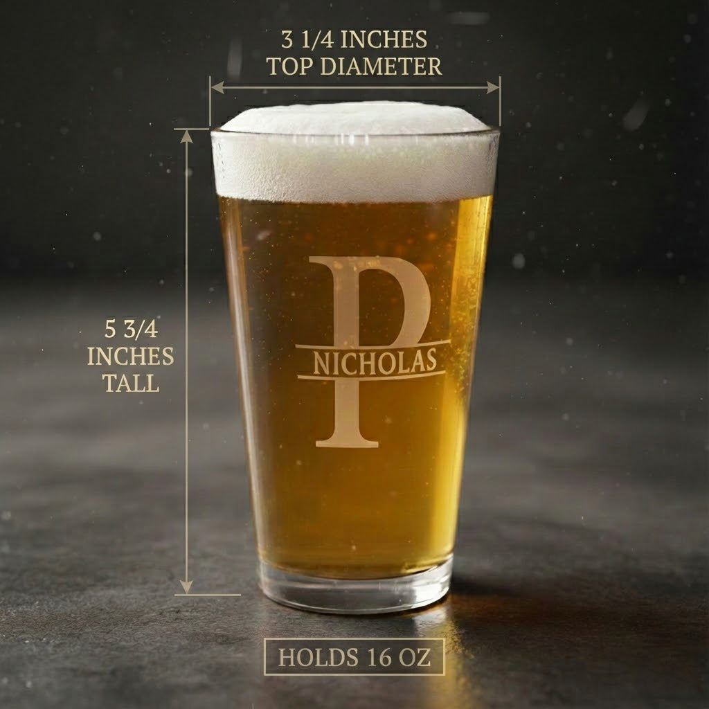 Sixteen ounce custom engraved pint glass size guide showing height, top diameter, and beer glass capacity.