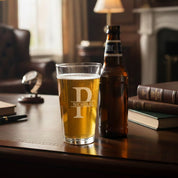 Personalized monogram beer glass with custom initial engraving, etched pint glass gift for men, craft beer barware for home bar setup, unique custom beer lover gift for boyfriend, husband or groomsmen.