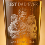 Close-up of Best Dad Ever engraved beer glass with family photo and Love Emma and Noah personalization.
