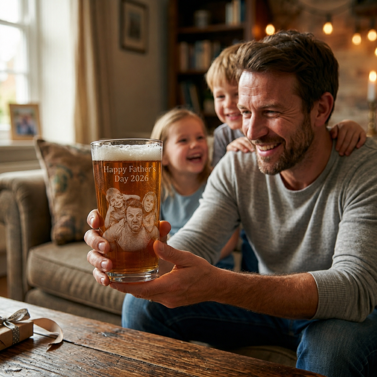 Personalized Father’s Day beer glass held by dad with kids in the background, custom photo engraving gift for Dad.