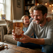 Personalized Father’s Day beer glass held by dad with kids in the background, custom photo engraving gift for Dad.