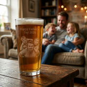 Personalized photo beer glass on table with dad and children in background, a heartfelt Father’s Day gift from kids.
