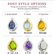 Font style options for engraved name charms on custom birthstone necklace, showing script, classic, and typewriter engraving choices.