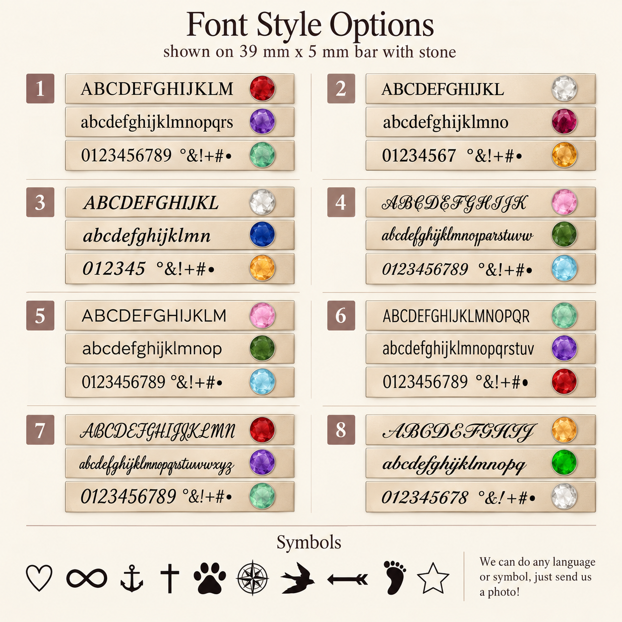 Font and symbol options for custom engraved birthstone bar necklace