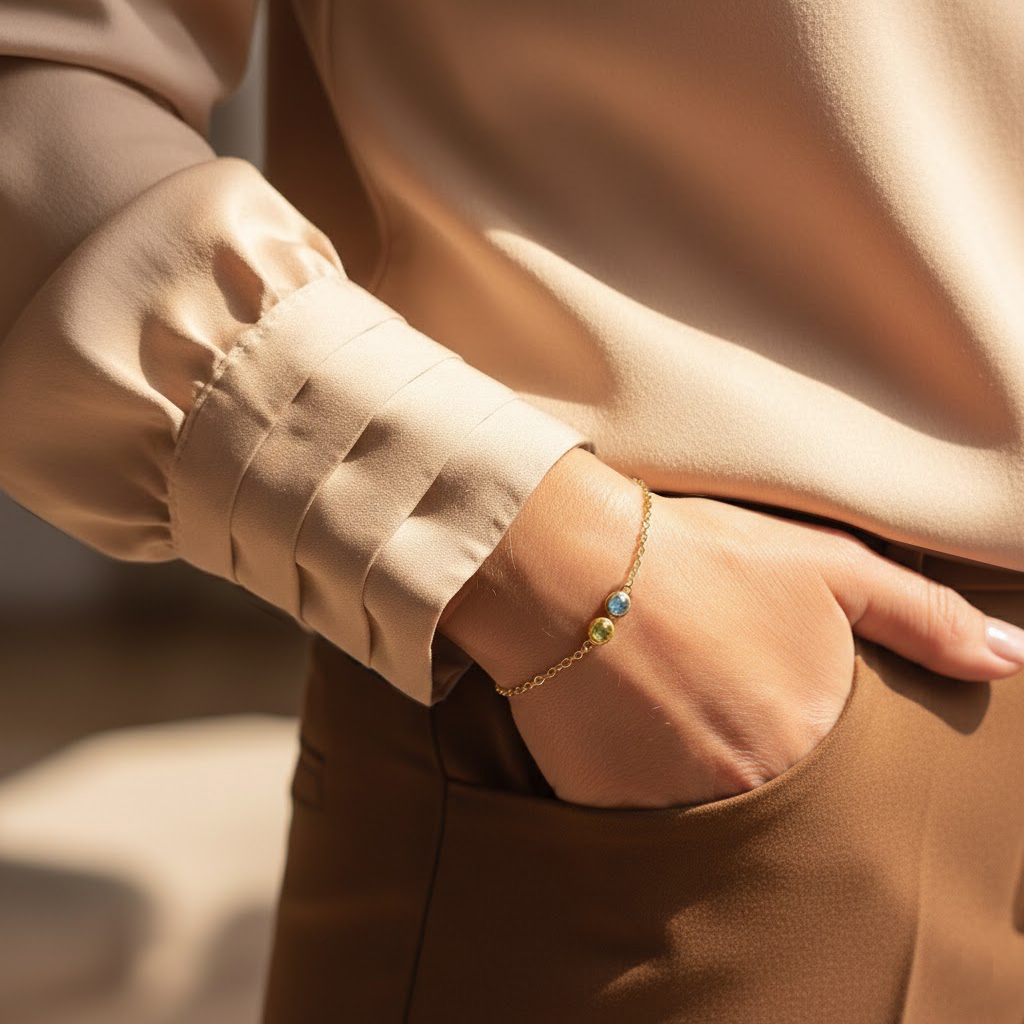 Minimalist two birthstone bracelet in gold worn with a neutral outfit
