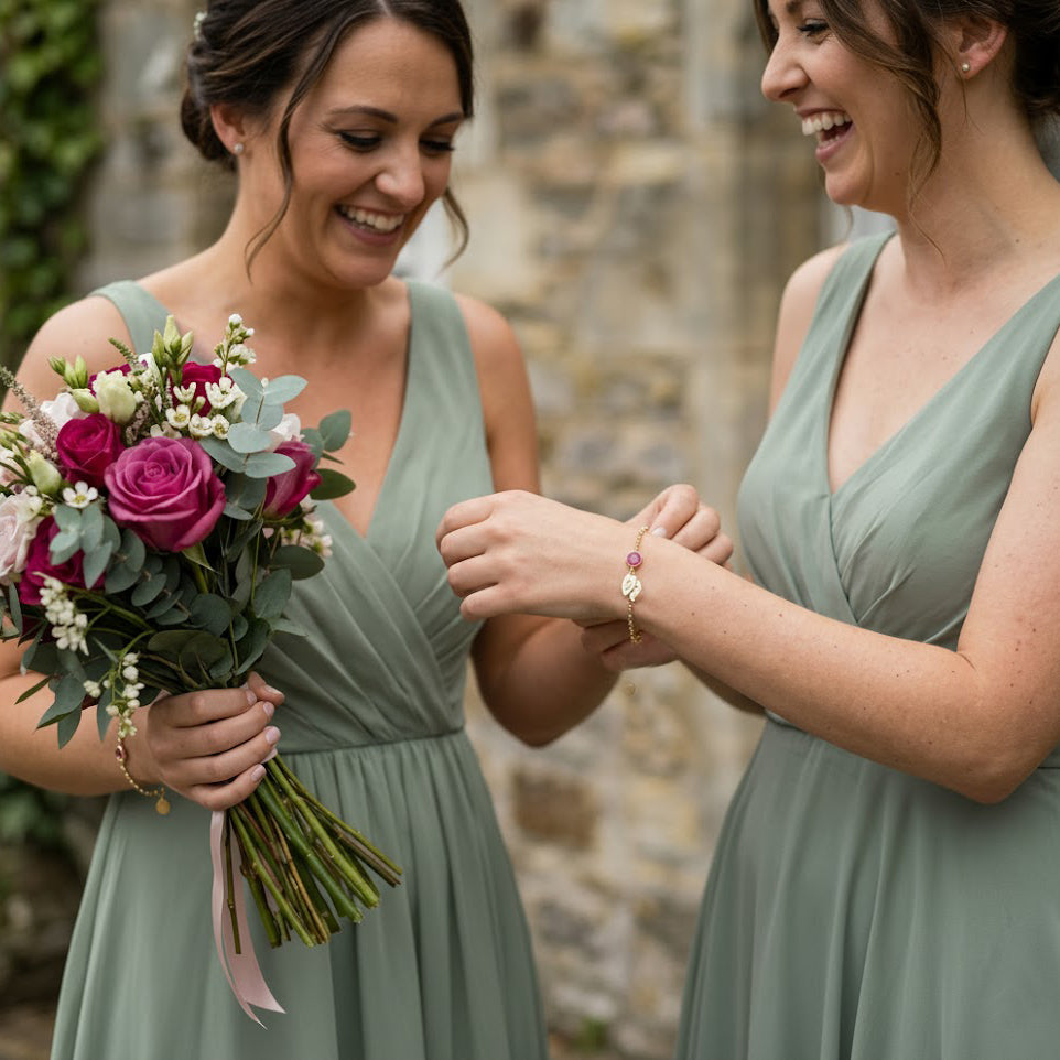 Bridesmaid gifting custom birthstone bracelet with engraved initial leaf charm, meaningful personalized wedding jewelry gift for bridesmaids or maid of honor