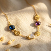 Mom necklace with custom birthstones and initial charms in gold on beige background