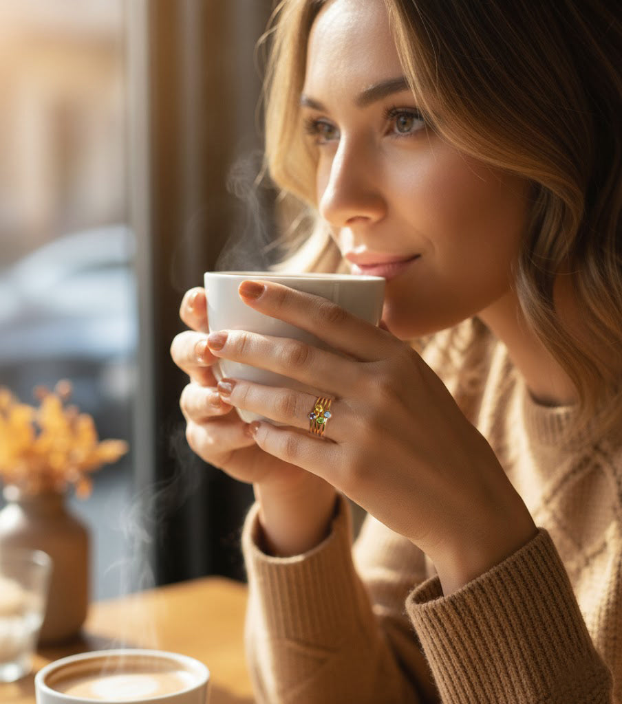 Lifestyle image of woman wearing dainty stackable birthstone rings, personalized mom jewelry with custom gemstones in a warm everyday setting.