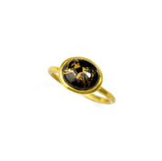 A beautiful copper obsidian ring in vermeil gold rests against a white background. 18K Vermeil Gold Large Oval Ring Bezel Set with a black copper obsidian cabochon stone on a white background. Black and Gold Ring, Dainty Oval Ring, Stacking Obsidian Ring, Clarity Healing Crystal Gemstone Ring