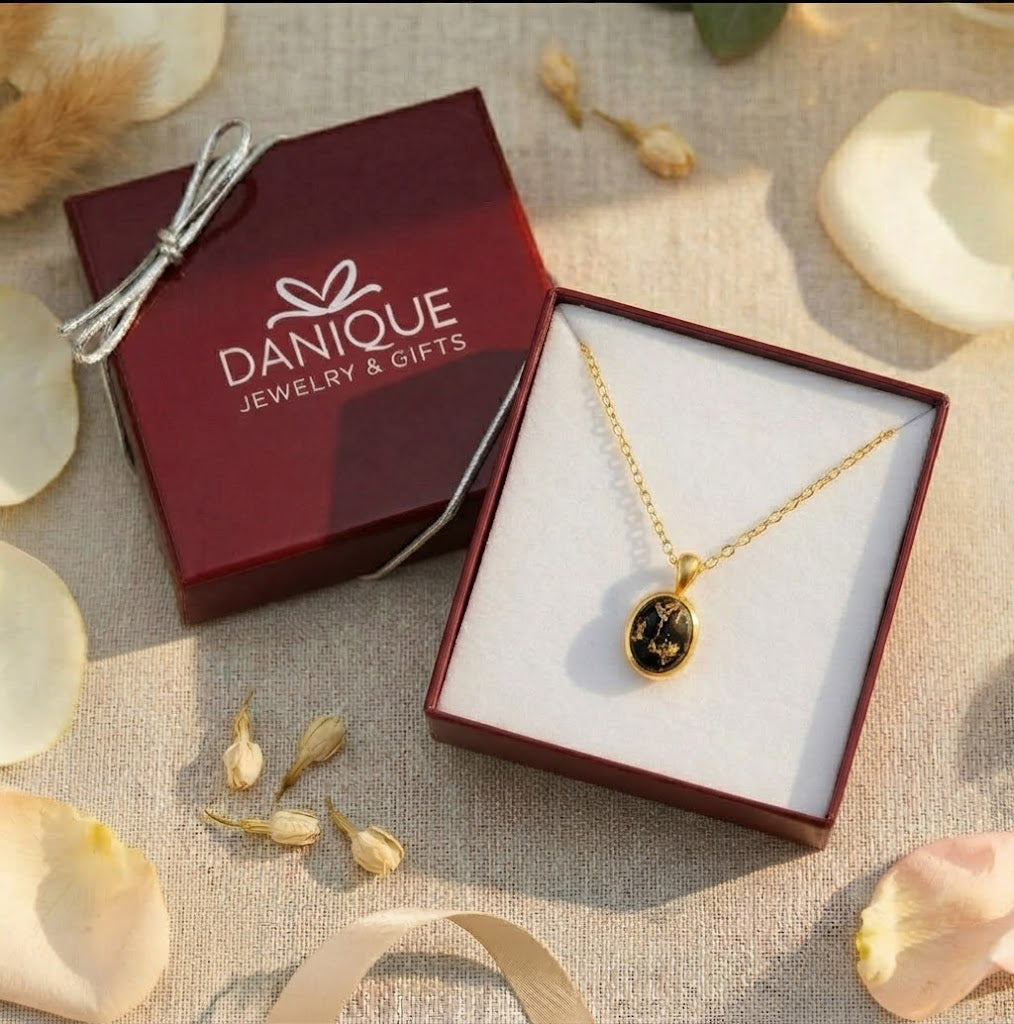 Black Obsidian necklace displayed in Danique Jewelry gift packaging