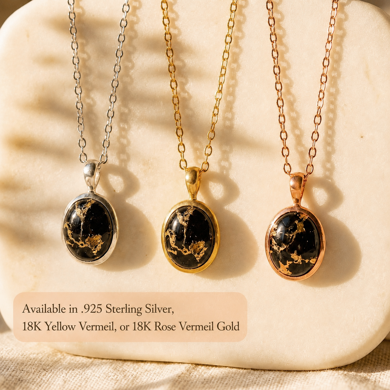 Black Copper Obsidian necklaces in silver, yellow gold, and rose gold finishes