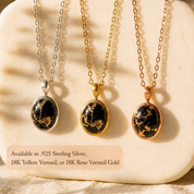 Black Copper Obsidian necklaces in silver, yellow gold, and rose gold finishes