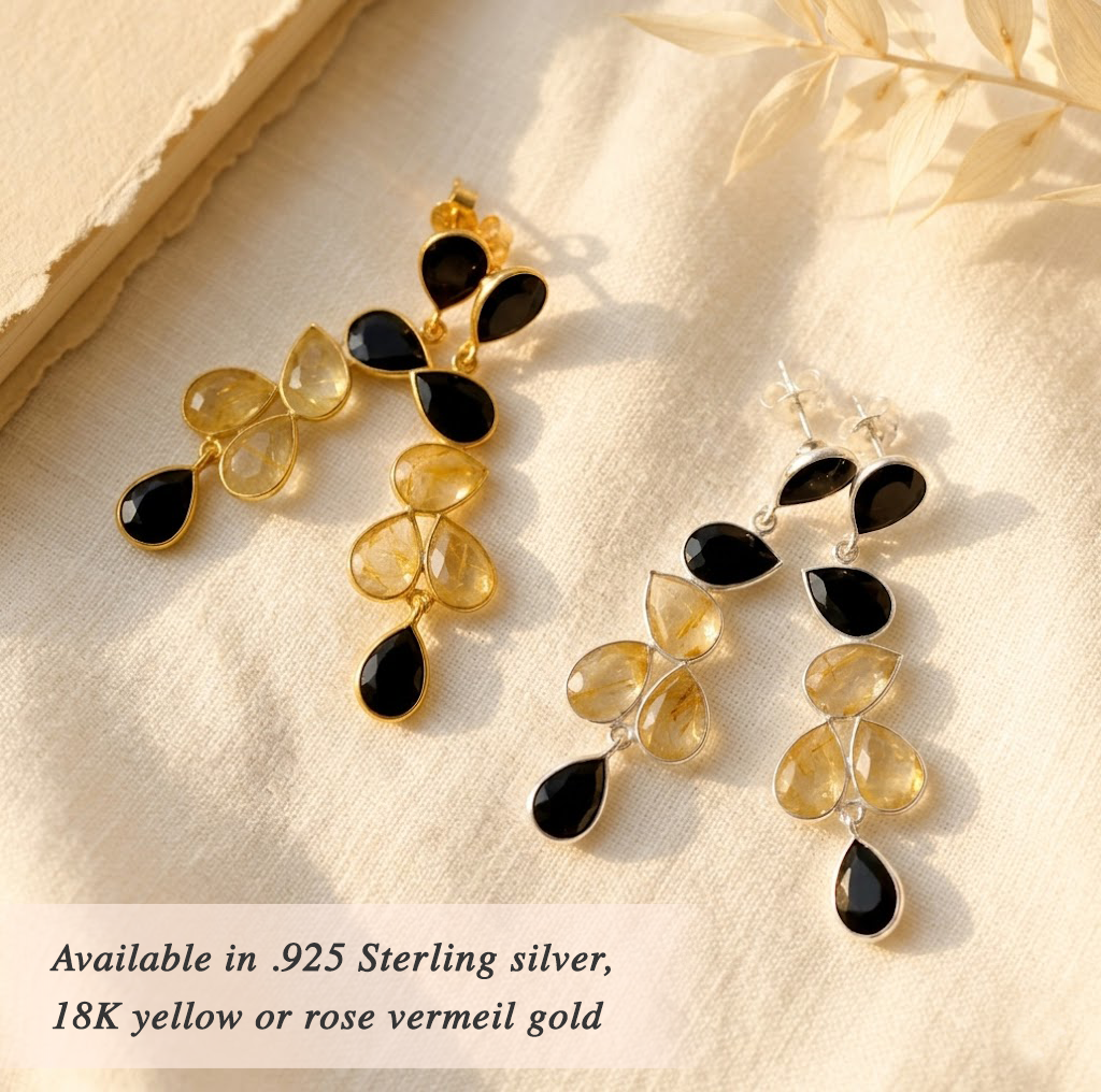 Minimalist gold earrings with raw rutilated quartz and black onyx stones
