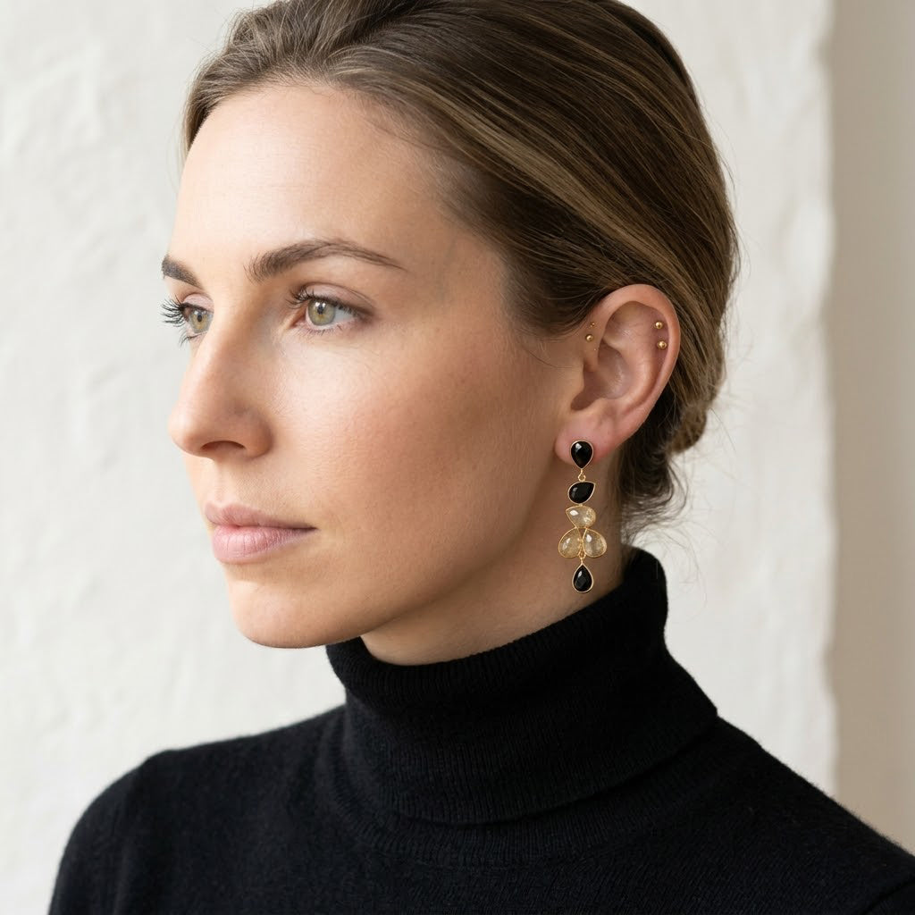 Natural rutilated quartz drop earrings with black onyx in gold setting
