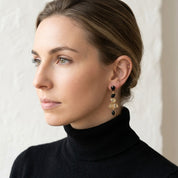 Natural rutilated quartz drop earrings with black onyx in gold setting
