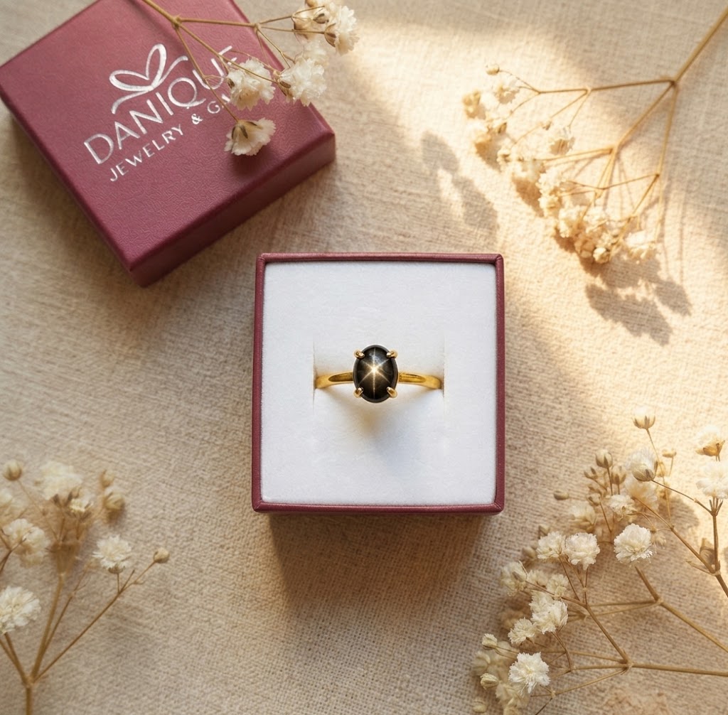 Black Star Sapphire ring presented in a Danique Jewelry gift box