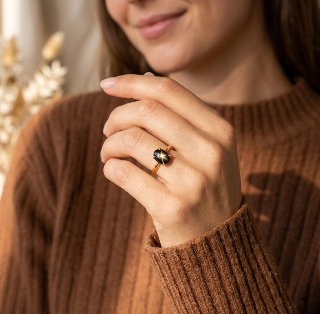 Woman wearing a dainty Black Star Sapphire ring in gold vermeil
