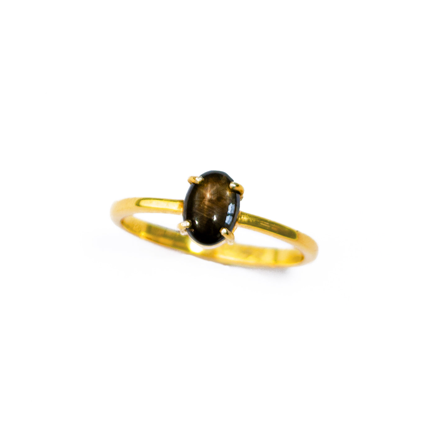 a prong set Oval natural Black Star Sapphire cabochon ring. 18K Vermeil Gold Prong Black Star Sapphire Ring, Celestial Jewelry, Star Jewelry, Bridal Jewelry, Black Star Sapphire Oval Solitaire Ring, Dainty Gold Stacking Ring Gift for Her. September Birthstone