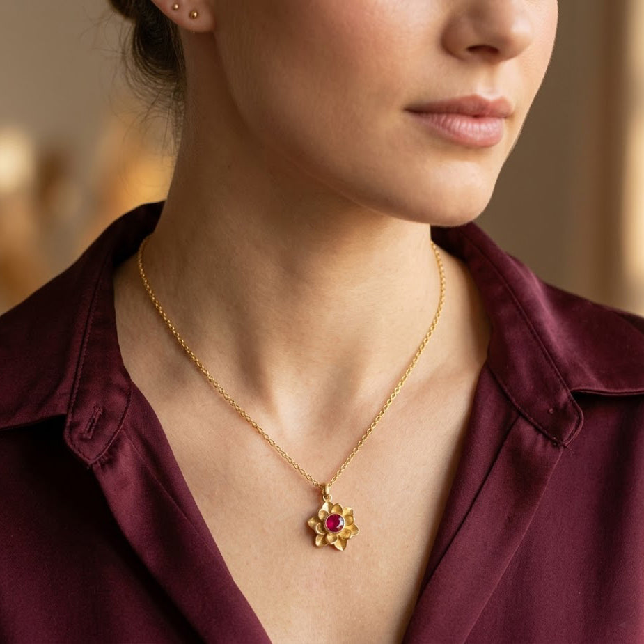 Personalized flower birthstone necklace on model, delicate floral pendant jewelry in gold vermeil or sterling silver